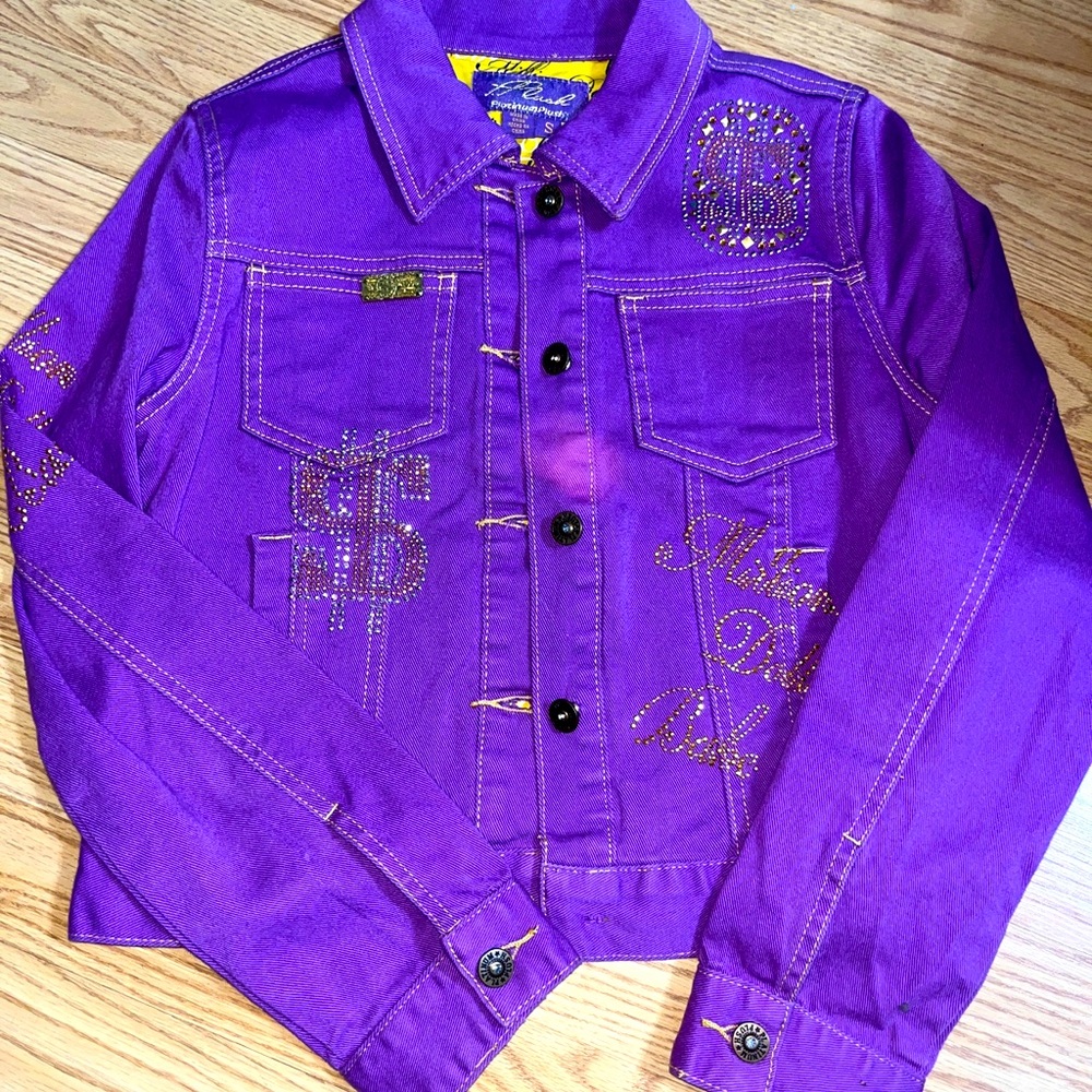 Platinum Plush purple embellished denim jacket